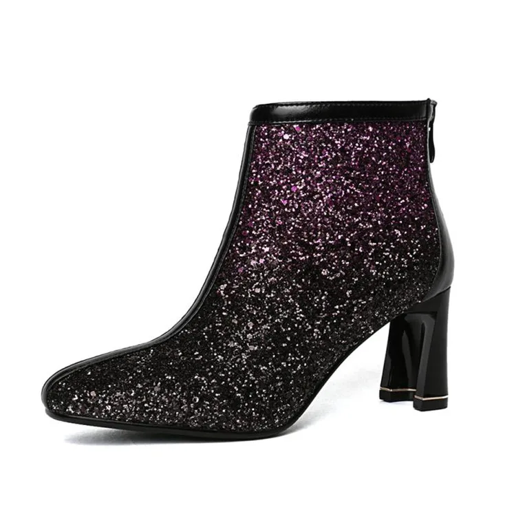 

Winter New Bling Glitter Gradient Leather Fashion Ankle Boots For Women Round Toe High Strange Heel Back Zip Botas Lady Shoes