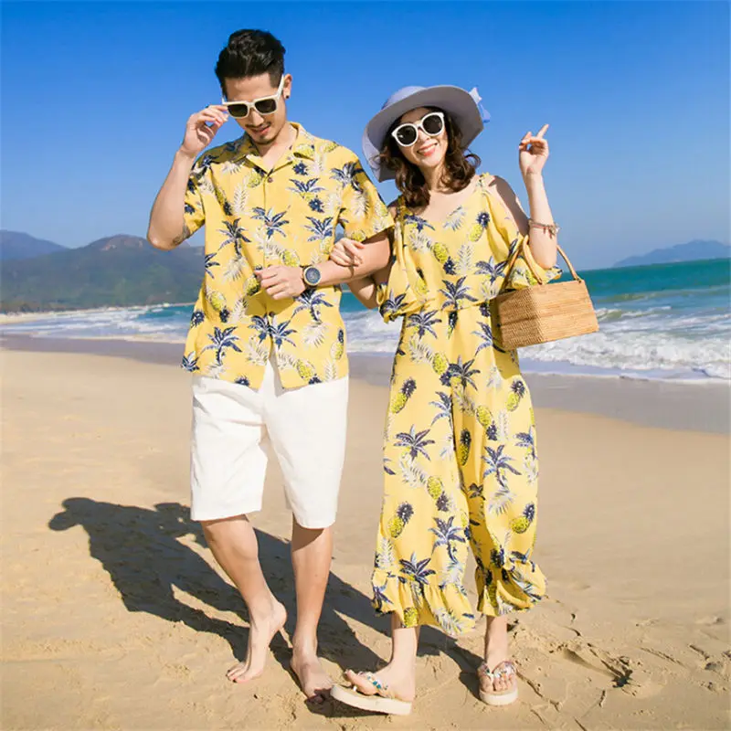 Одинаковые комплекты для семьи Гавайское платье для мамы и дочки с принтом ананаса рубашка для папы и сына Повседневная летняя семейная одежда в стиле бохо
