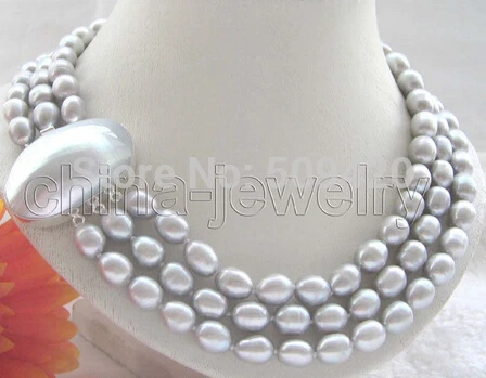 

W&O667 3row 17-19"10-12mm gray baroque freshwater pearl necklace - 925 gray shell clasp