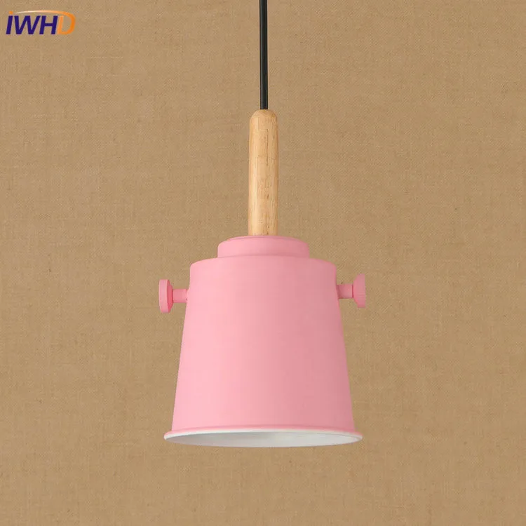 

IWHD RH Loft Vintage Industrial LED Pendant Lights Pink Colorful Wooden Iron Pendant Lamp Fixtures For Home Lighting Bar Cafe