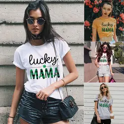 Для женщин Lucky Mama Письмо печати рубашка экипажа средства ухода за кожей шеи короткий рукав повседневное милые мама мамочка футболка футболк