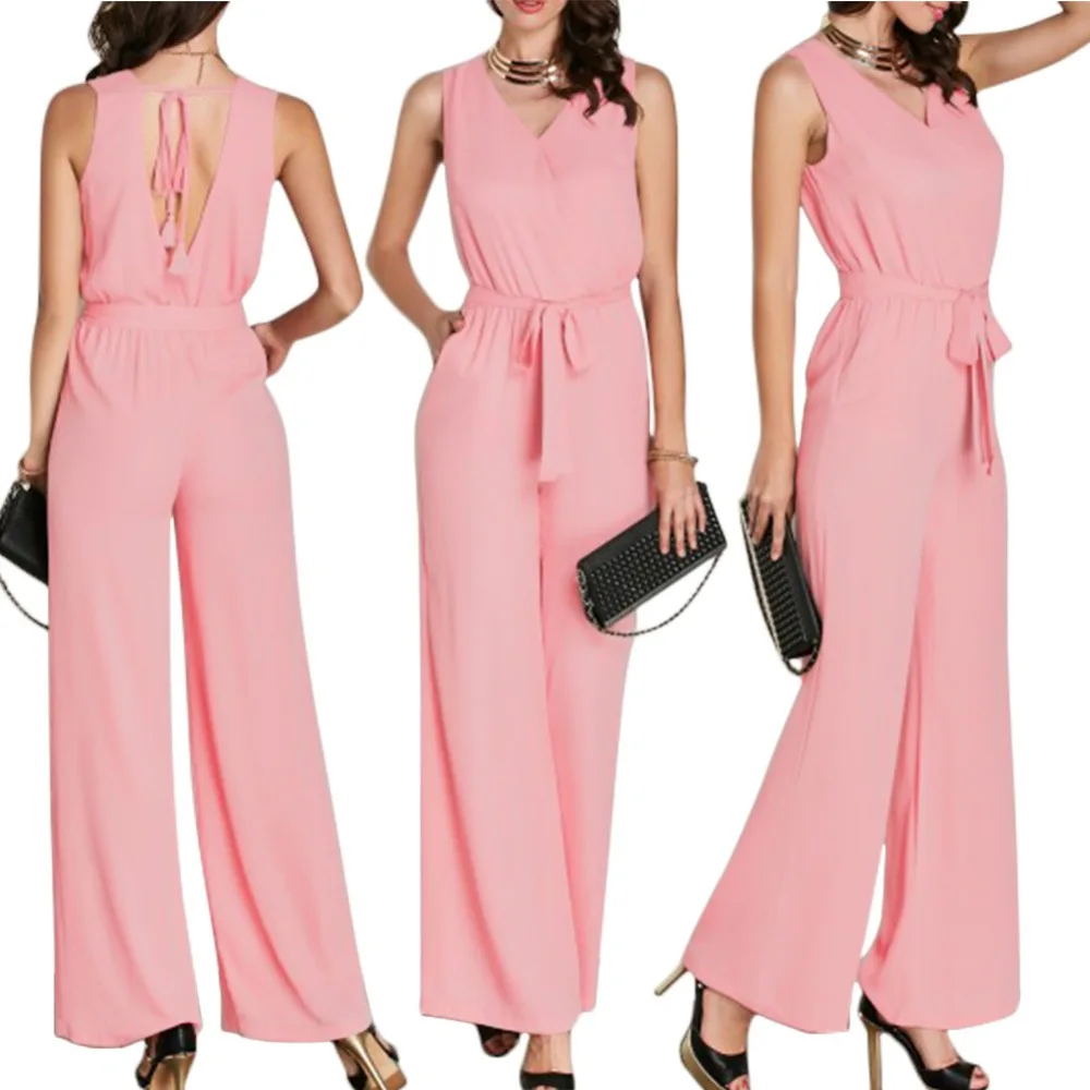 Pink Fashion Women New Summer Jumpsuits Plus Size Ladies V Back Cutting
