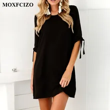 MOXFCIZO Women Vintage Dress Black Green Summer Dresses Fashion Casual Womens Clothing Solid Simple Short Sleeves Dress Vestidos