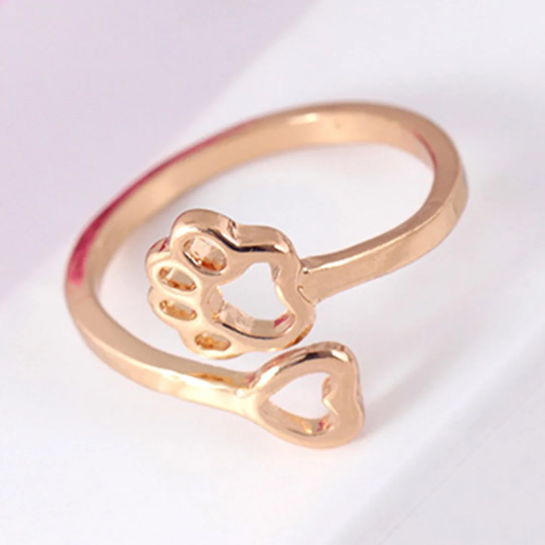 Charming Elegant Women Love Heart Adjustable Rings Fashion Cute Dog Pet Paw Print Beauty Hollow Open Ring Lovely Animal Jewelry