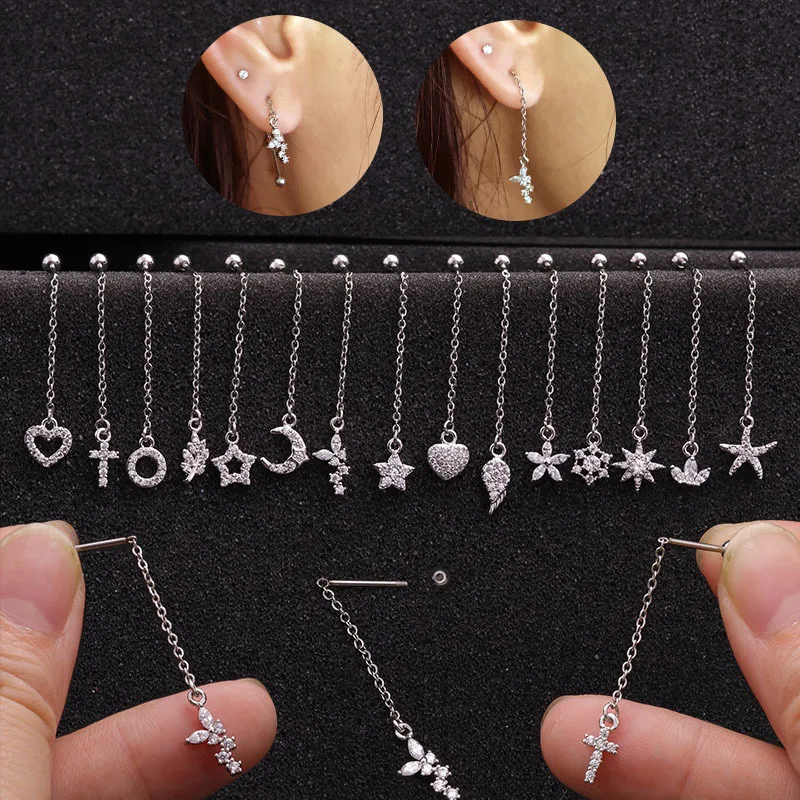 

TTLIFE 1pc 20g Stainless Steel Barbell With Cz Star Moon Flower Heart Feather Dangle Piercing Earring Cartilage Piercing Jewelry