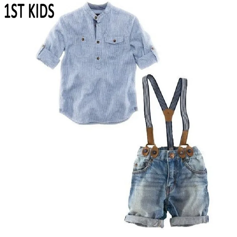 

2018 Hot sell children suit boy 2 pcs set casual shirt + jeans with braces gentleman baby clothing set retail DT0071