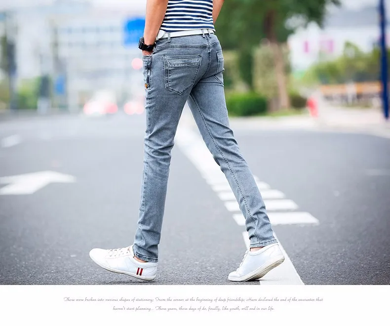 New Korean Style Men Jeans Grey Slim Skinny Man Biker Jeans with Zippers Designer Stretch Fashion