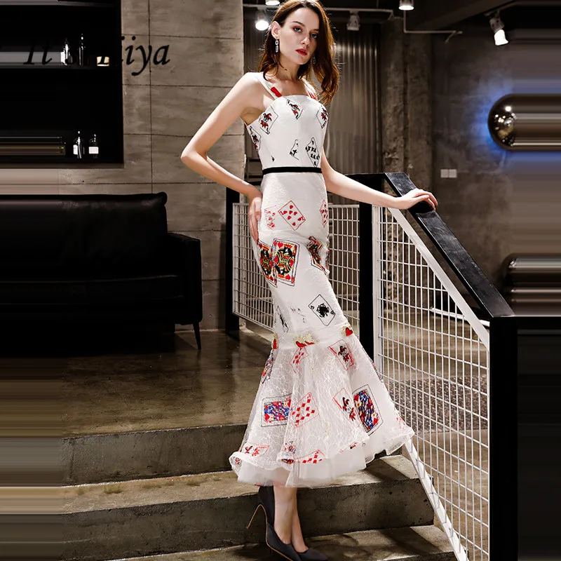 

It's YiiYa Evening Dress 2018 Embroidery Printing Spaghetti Strap White Boat Neck Trumpet Dinner Gowns LX1290 robe de soiree
