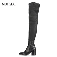 Ботфорты из натуральной кожи и искусственной кожи с круглым носком; женская обувь на высоком толстом каблуке; черные короткие плюшевые сапоги; BH02 muyisxi
