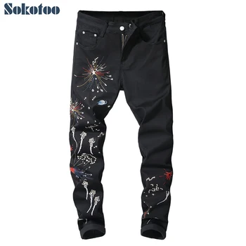 

Sokotoo Men's fireworks embroidery black jeans Trendy stretch denim pencil pants Trousers