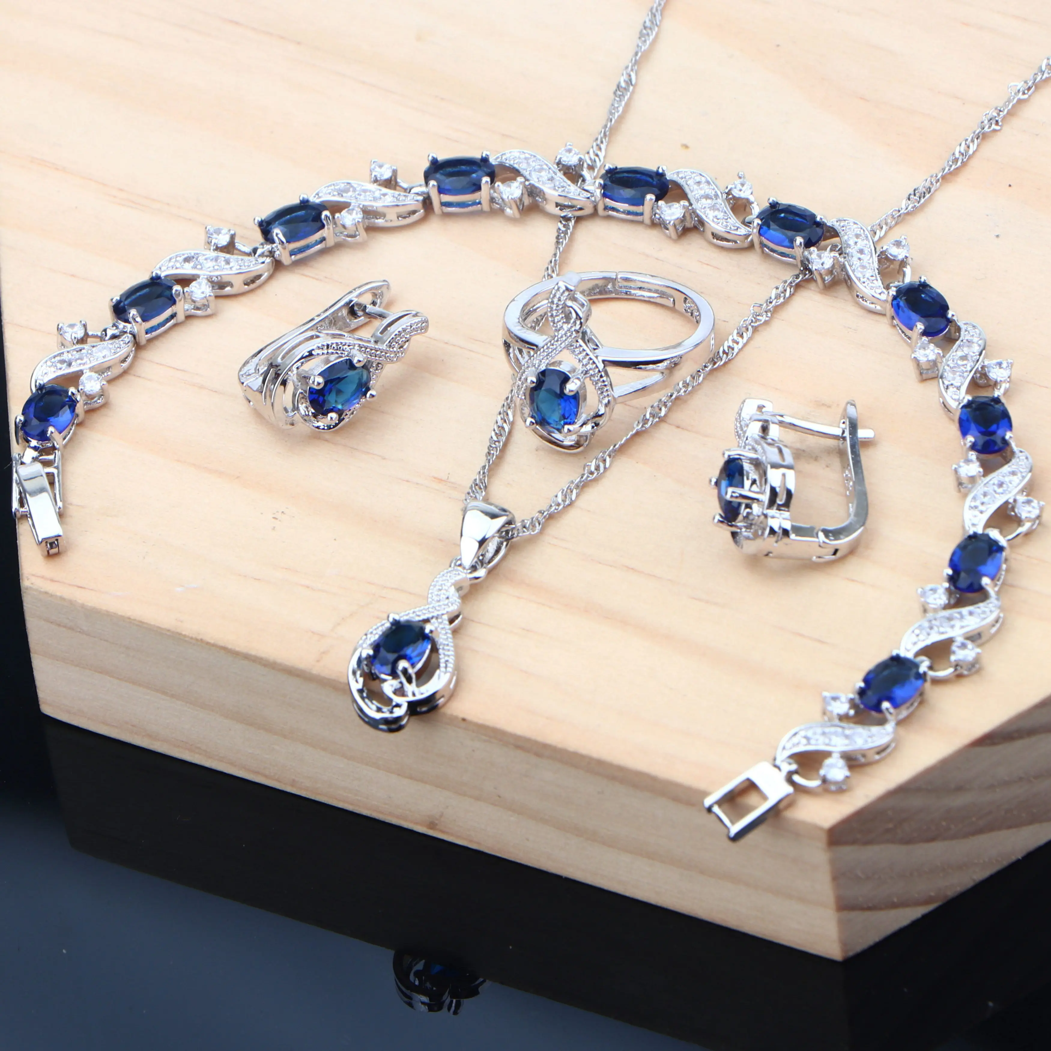 

ONO Jewelry Sets Blue Cubic Zirconia Silver 925 Jewelry Ring Earrings Necklace Chain Bracelet For Women Dropshipping