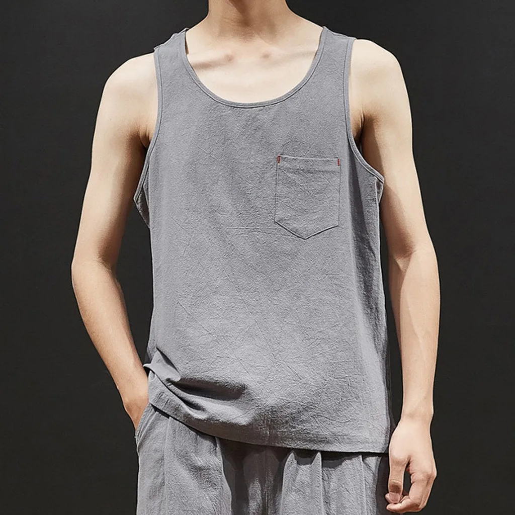 Men's Summer underwear Brand Pure Color Cotton Linen Sleeveless vest comfortable undershirt fitting broad shoulders vest