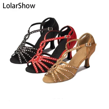 

Women Latin dance 7cm heel Shoes Twisted type Buckle shiny Rhinestone Flock Upper Comfortable Soft sole Latin shoes