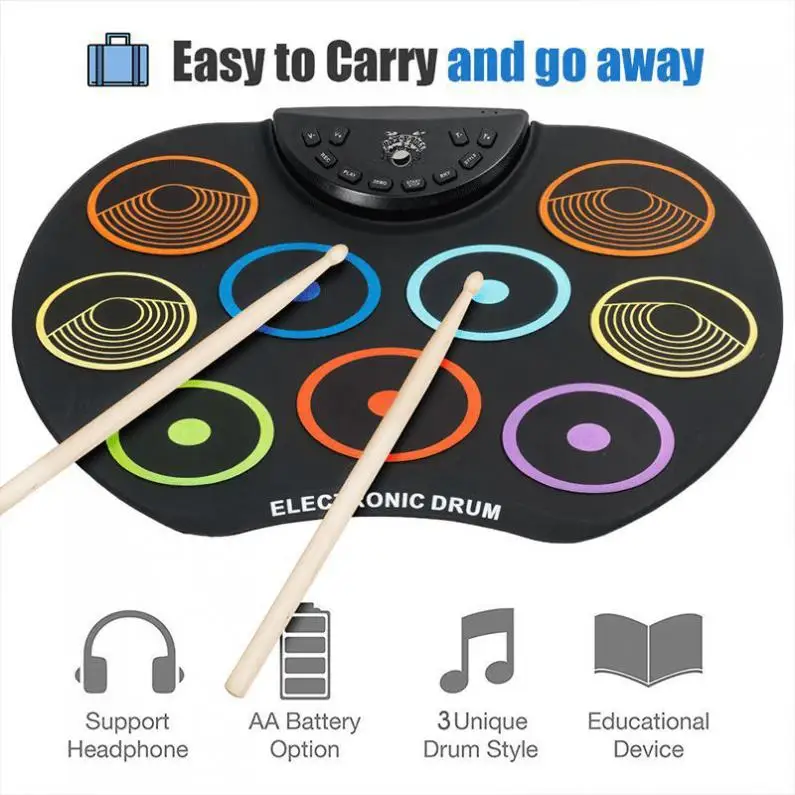 

Portable Electronic Digital USB 9 Pads Colorful Roll up Drum Set Silicone Electric Drum Kit with Drumsticks and Sustain Pedal