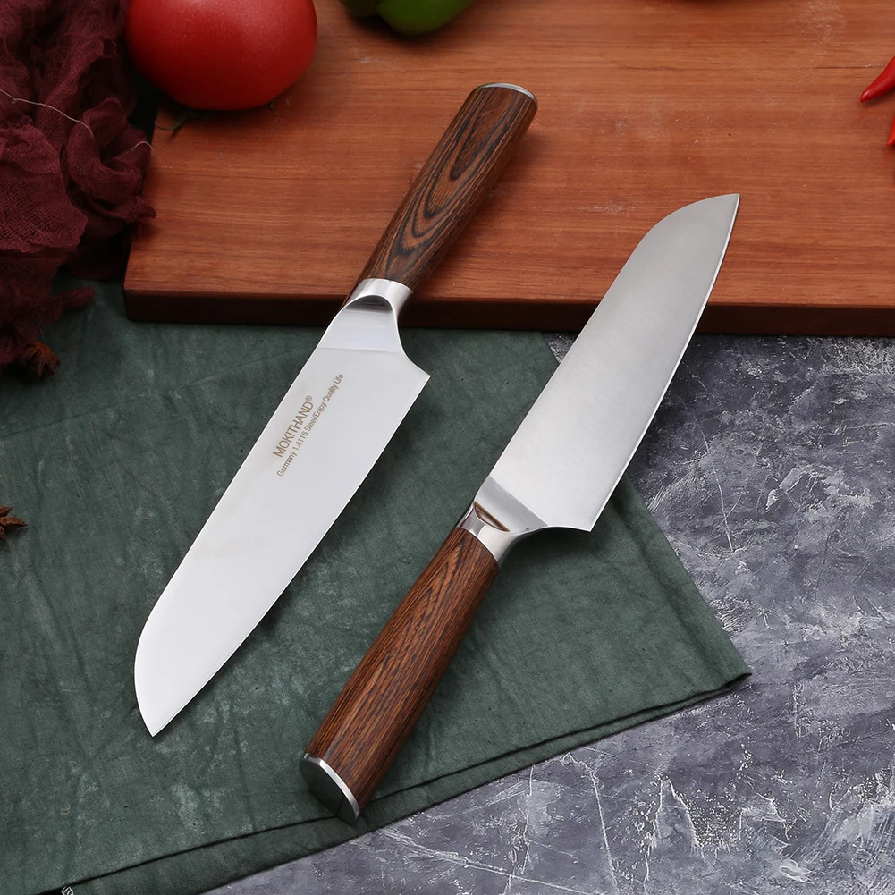 Нож Mokithand Santoku, 7 дюймов, японские кухонные ножи, Германия, 1,4116 сталь, Профессиональный кухонный нож для овощей, мяса, шеф-повара