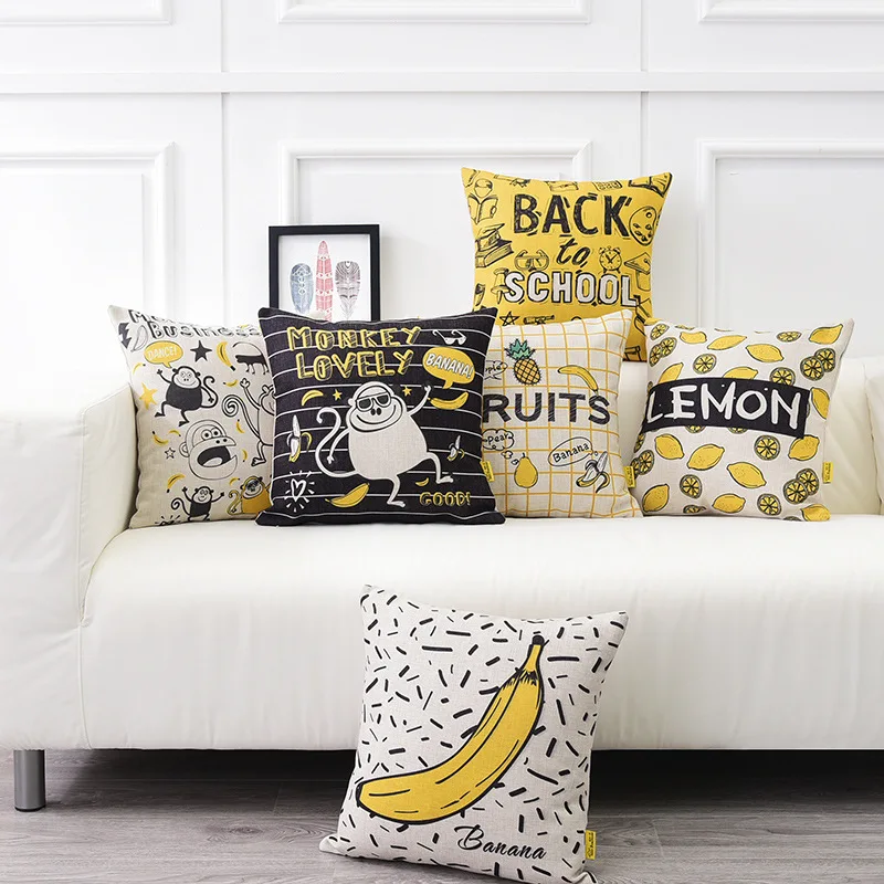 

Cartoon cushion cover for sofa Monkey Banana Pineapple Lemon printed pillow covers cotton linen cushion covers decor pillowcases