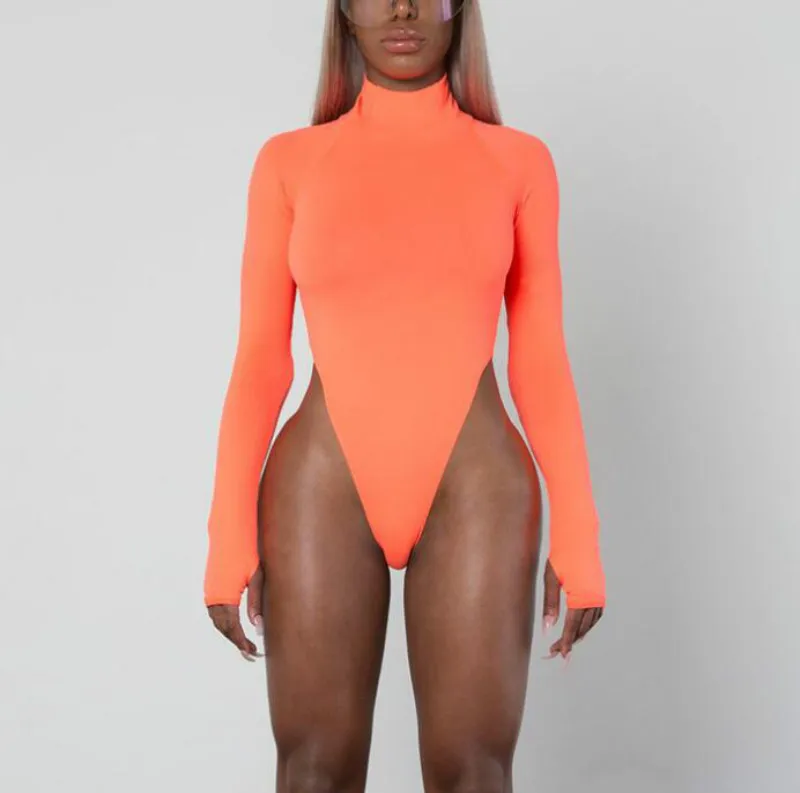 Неоновый Цвет Mock Neck Для женщин боди 2019 Тощий Playsuit Mock Neck с длинным рукавом комбинезон женский комбинезон