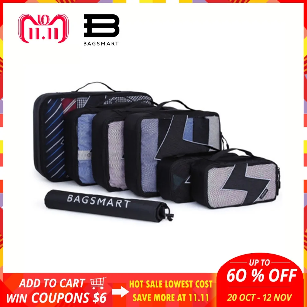 

BAGSMART 7 Pcs/Set Unisex Nylon Packing Cubes For Clothes Travel Bags For Shirts Waterproof Duffle Bag Organizers with Shoes Bag