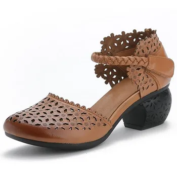 

ZXRYXGS Retro round Head Hollow First Layer Leather Sandals 2019 Elegant Comfortable Fashion Sandals Women Shoes Thick Heel Shoe