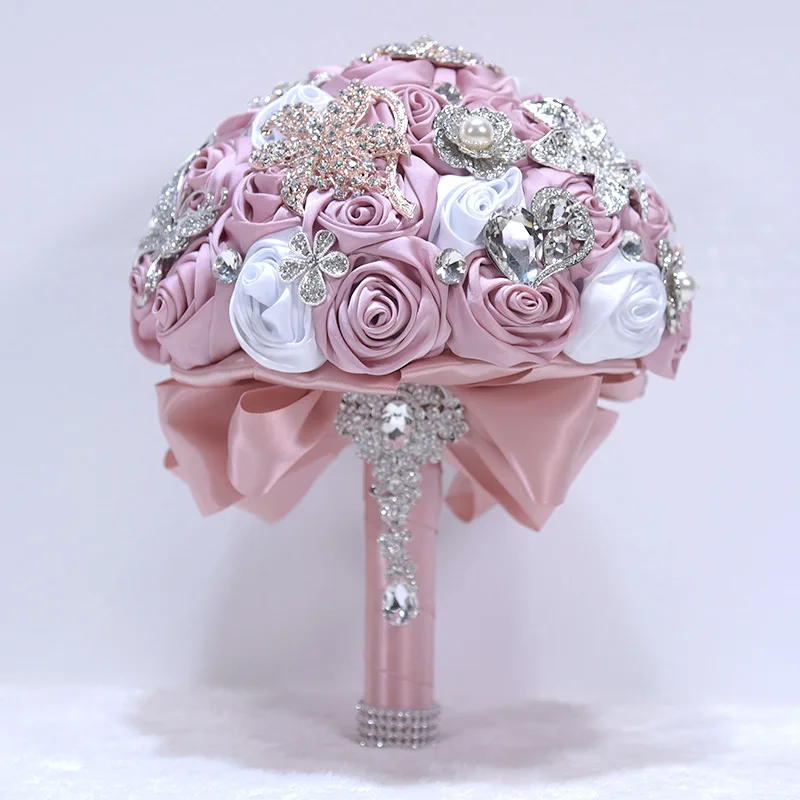 Bling кристалл украшенный атласная роза ручной работы свадебные букеты цветы кристалл брошь ручной работы заказной букет на заказ