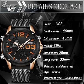 

LIGE New Mens Watches Top Luxury Brand Men Sports Watches Men's Quartz LED Digital Clock Male Full Steel Military Wrist Watch