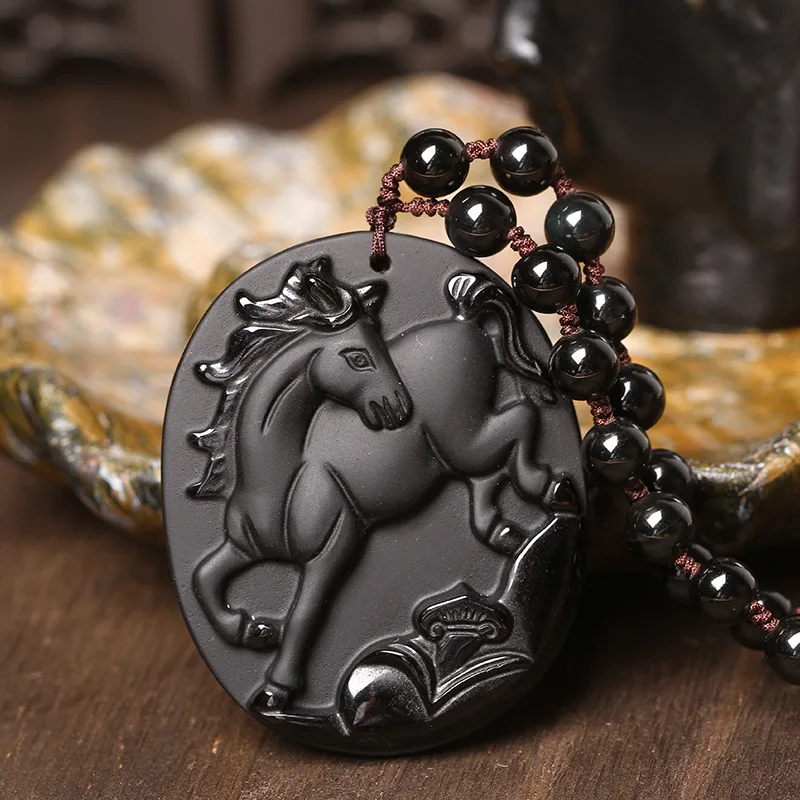 

A natural male and female Obsidian twelve zodiac Horse Pendant evil fortune transport wholesale supply accessories
