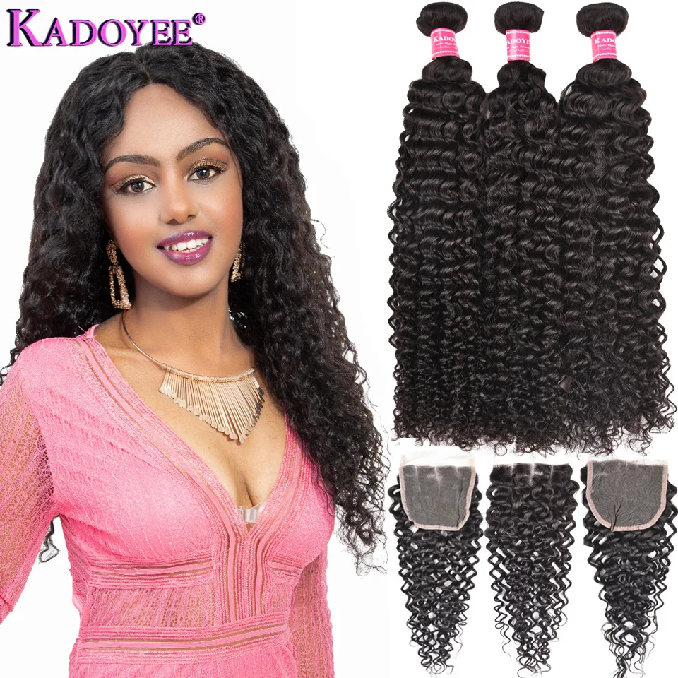 

KADOYEE Jerry Curly Bundles With Closure 3 Bundles Human Hair With Lace Closure Human Remy Hair Weave Extensions for Full Head