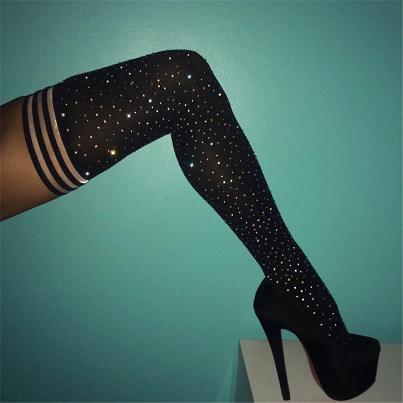 Bling Glitter Over Knee Long Boot Fashion Women's Rhinestones Socks Sexy Thigh High Knee Socks Long Stockings Cheerleader SW066