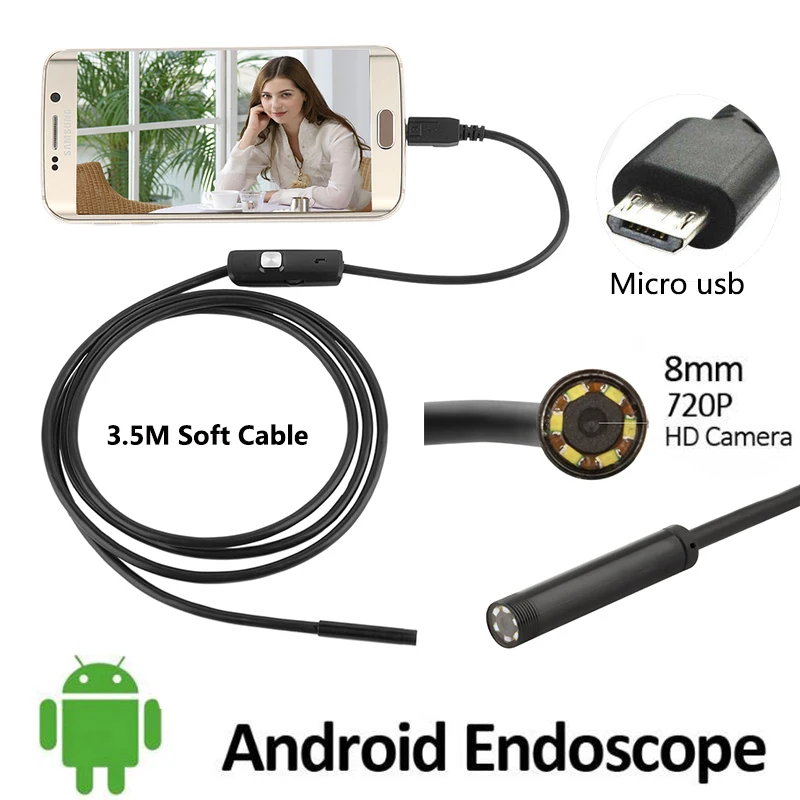 720P 8mm Smartphone Android USB Endoscope Camera 1M 2M 3.5M OTG Micro USB Snake Tube Inspection Borescope IP68 Waterproof 6LED