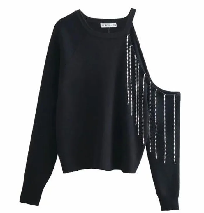 2019 Весна Cold Shoulder Pullover свитера Для женщин с длинным рукавом блестками кисточкой вязанные свитера для женщин топы