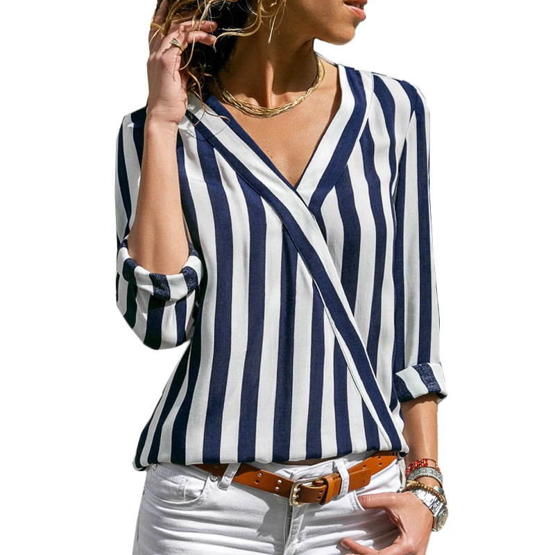 Nueva camisa a rayas 2019 para mujer, Blusa de manga larga con cuello en V para primavera y otoño, Camiseta con estampado Casual, blusa de oficina para mujer|Blusas y camisas| -