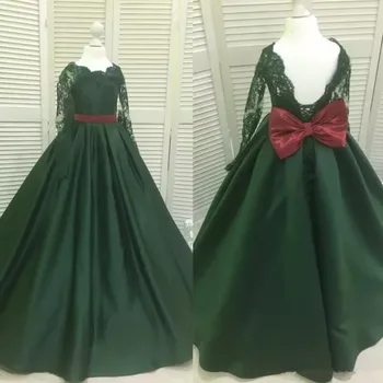 

Real Pictures Long Sleeves Girls Pageant Gown with Knot A Line Lace Applique Flower Girls Dresses for Wedding Custom Made