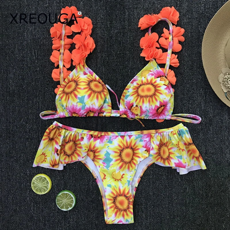 XREOUGA Sun Flower Print Ruffles Brazilian Bikini Sets Yellow Padded