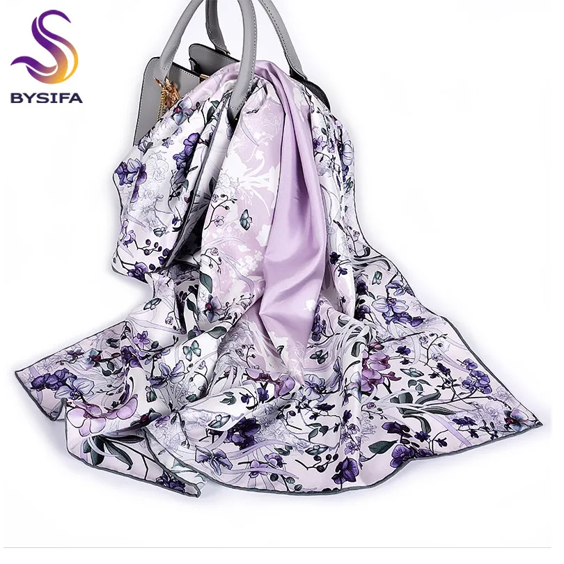 [BYSIFA] Синий Шелковый шарф шаль 2019высший сорт Белый журавль дизайн твил большие квадратные шарфы осень зима шейный шарф хиджаб 90 см - Цвет: purple Floral