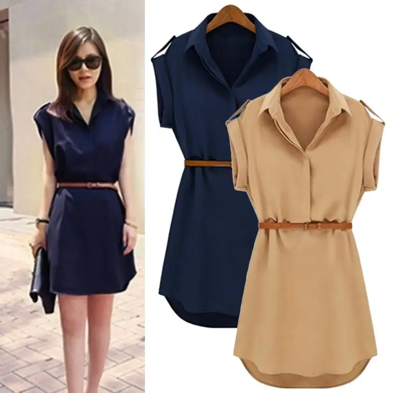 

2019 Women Summer Dress Shirt V-Neck Short A-Line Solid Plus Size Chiffon Casual Vestidos For Party Beach Office With Belt