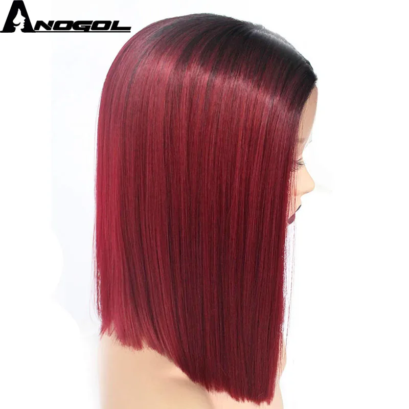 Anogol Wine Red Bob 14?? Synthetic Lace Front Wigs Short Straight  For Woman Black Roots Classic Middle Part