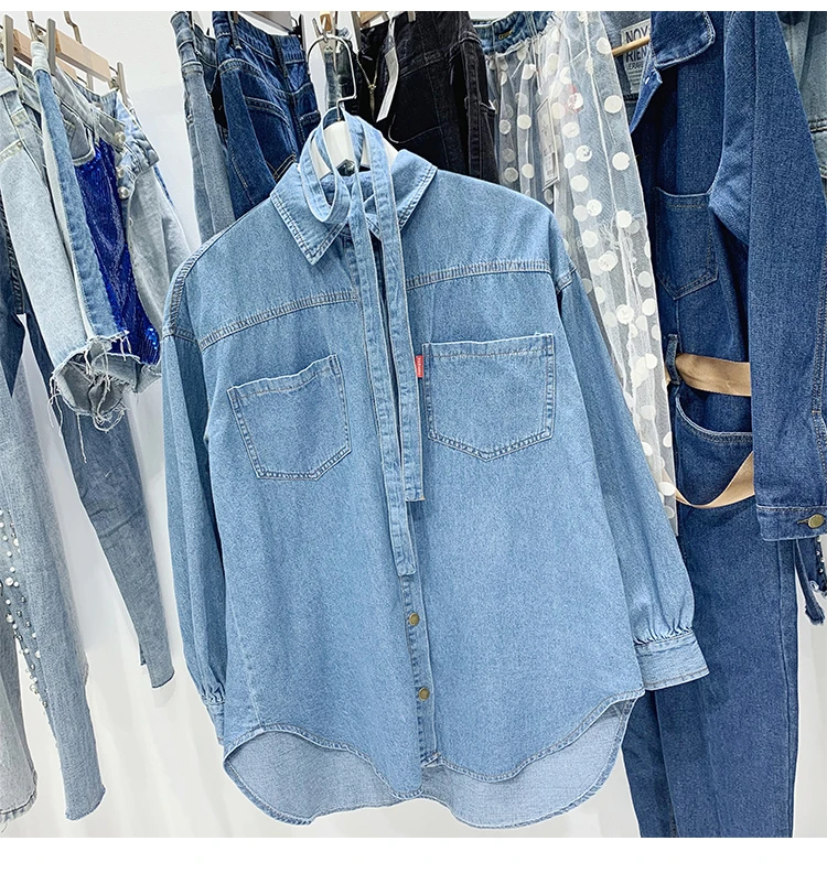 

2019 Spring Fashion Women Long Sleeves Turn Down Collar Denim shirts Female Blouse Shirt Two way Wear A900