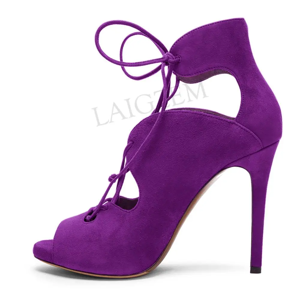 LAIGZEM Women Sandals Open Toe Faux Suede Stiletto Heels Sandals Pumps Sandalia Shoes Woman Sandalias Verano Large Size 34-52 (8)