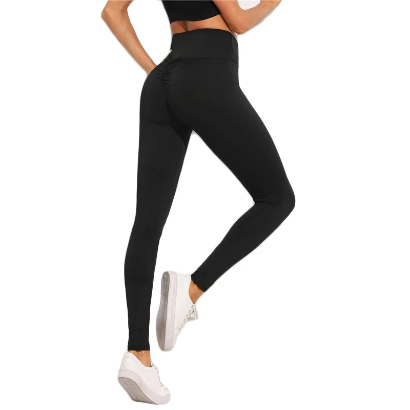 ROMWE Shirred леггинсы на спине одежда для тренировок Женская Высококачественная для бега брюки для фитнеса модные леггинсы черные облегающие леггинсы