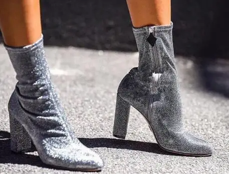 

2017 Street Fashion Women Pointy Toe Denim Boots Concise Style Ladies 9cm Chunky Heel Ankle Boots Zipper Side Sexy Boots