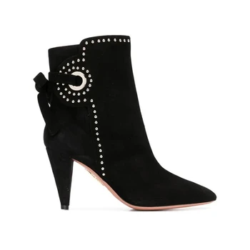 

New Design Studded Gladiator Ankle Boots Women Fashion Suede Leather Pointy Black Booties Lace Up High Heels Party Shoes Women