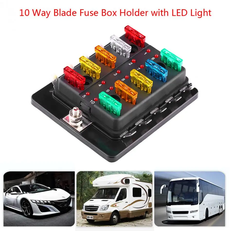 

10 Way Blade Fuse Box Circuit Blade Fuse Box Block Holder With LED Warning Light Kit For Car Van Boat Marine Car-Styling