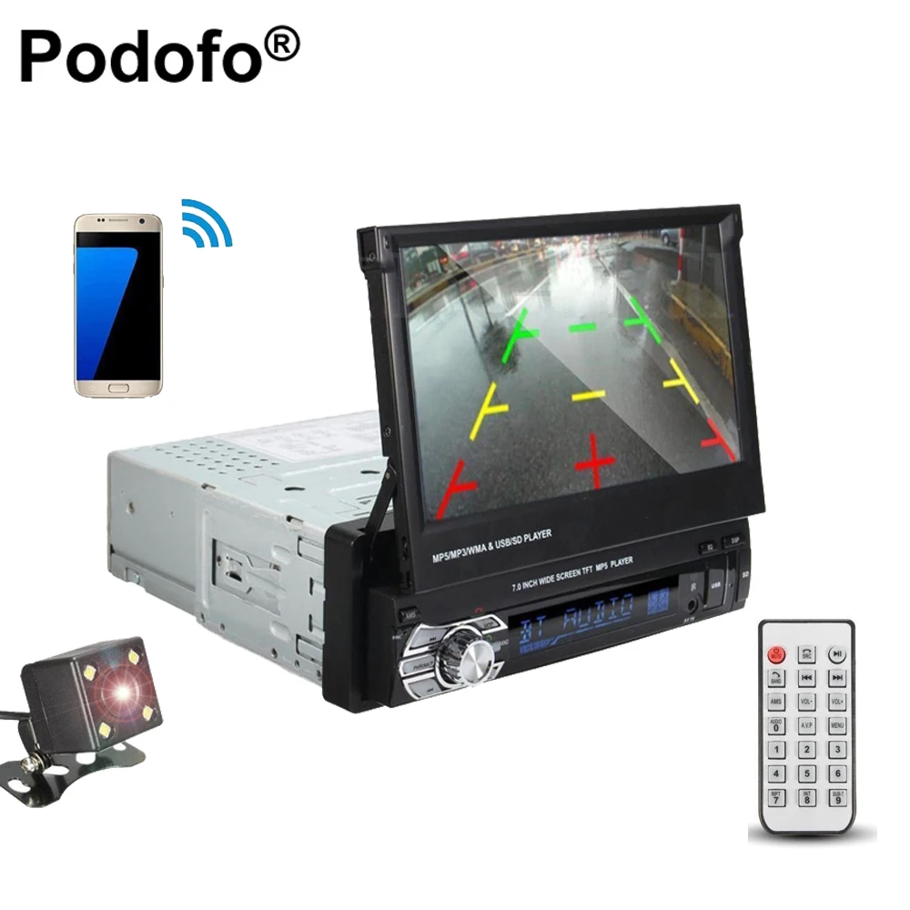 Podofo 1 din 7 &quotHD стерео аудио radioc Bluetooth выдвижной сенсорный монитор Автомобильный в