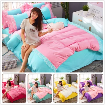 

Princess Girls Lace Ruffled Edge Bedding Set 3pcs/4pcs Bed Linen Single Twin Queen Size 1.35m 1.5m 1.8m 2m Bedlinens Duvet Cover