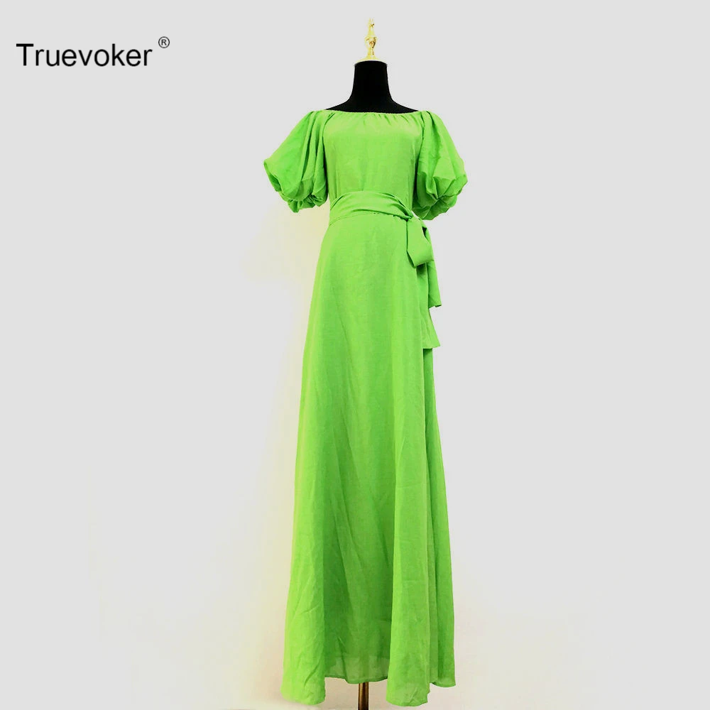 

Truevoker Summer Designer Long Dress Women's High Quality Slash Collar Puff Sleeve Noble Pure Green Tied Waist Maxi Long Vestido