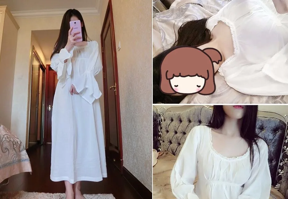 Хлопок, принтованная ночная рубашка, женская ночная рубашка, длинная белая Пижама с вышивкой, ночная рубашка для женщин