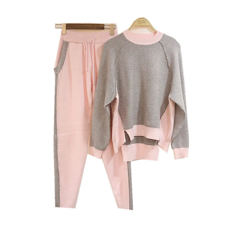 Femmes Haut Costume Vison rose Coton Cachemire Hiver Du Couleur Tricoté Pièces Deux Kaki Ras Nouveau De Chandail pu Mode D'hiver Ciel gris Pédicure Gamme Pantalon blanc Cou zSn0dqx