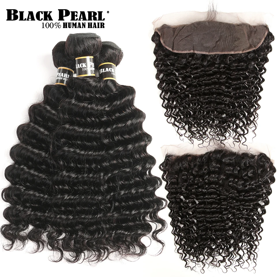 

Black Pearl Pre-Colored Brazilian Deep Wave Bundles With Frontal Non Remy Human Hair 3 Bundles With 13x4 Lace Closure