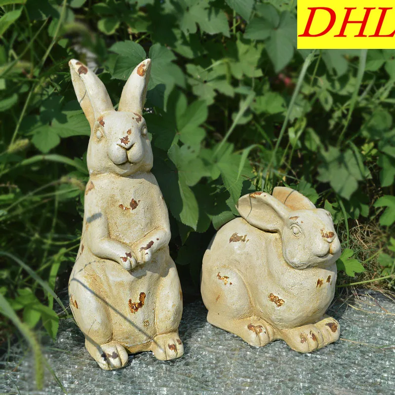 

Retro Simulation Cute Animals Rabbit Statue American Country Stone Fun Home Decorations Collectible Colophony Crafts L2113
