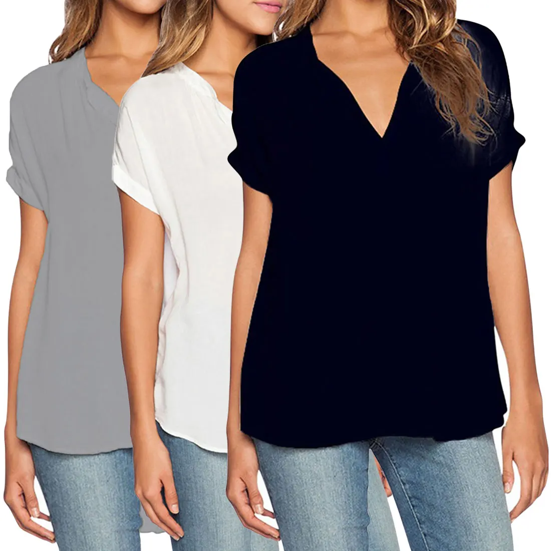 

National style Casual Short Sleeve Loose T-Shirts Solid Color Button Pleated Tunic Tops v-neck female pullover tops summer